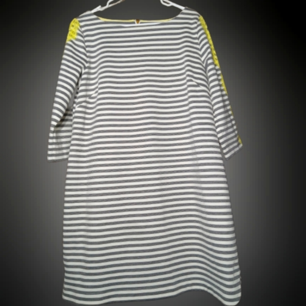 Eliza J Dress Womens 16 Gray White Yellow Striped Lace Sheath  Stretch Mini